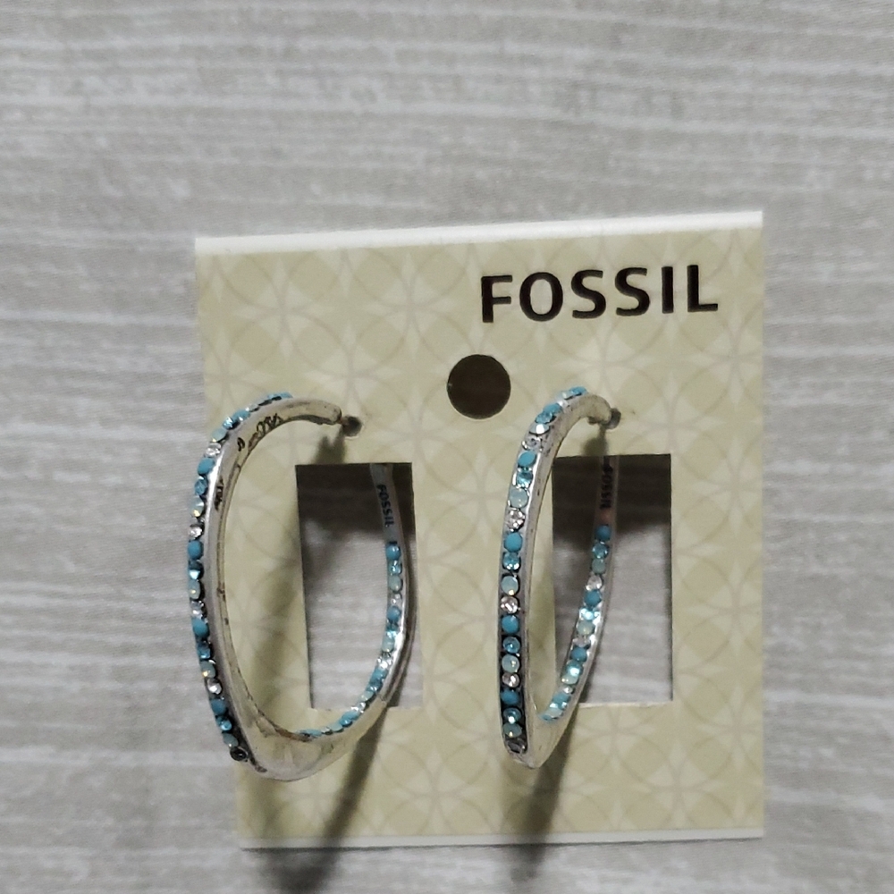 Fossil Silver and Blue Crystal Hoop Earrings